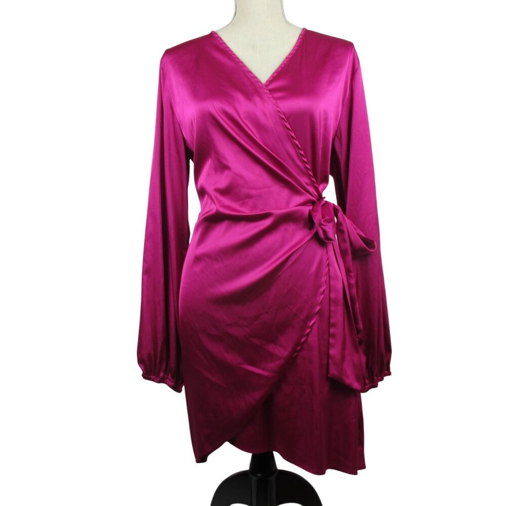 LYANER Wrap Dress Satin Silky Pink V Neck Tie Waist Long Sleeve XL Siren - Picture 2 of 7